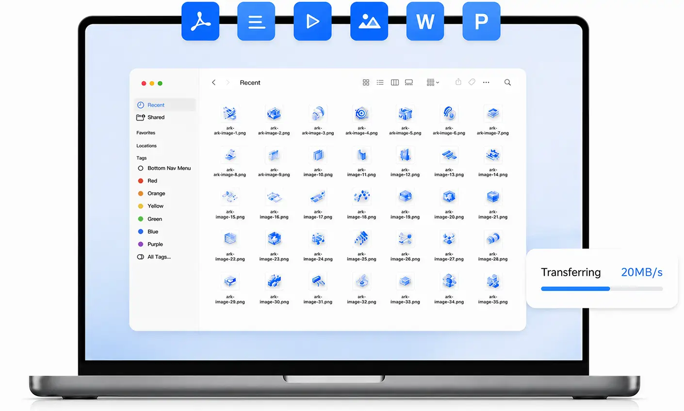 A laptop displaying a file manager while transferring files at 20 MB/s