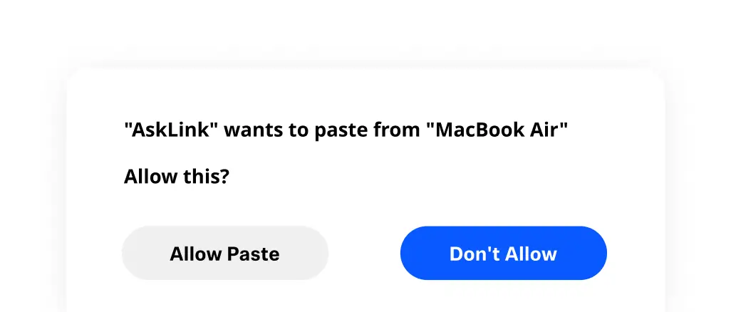 System permission prompt asking whether AskLink can paste content from a MacBook Air