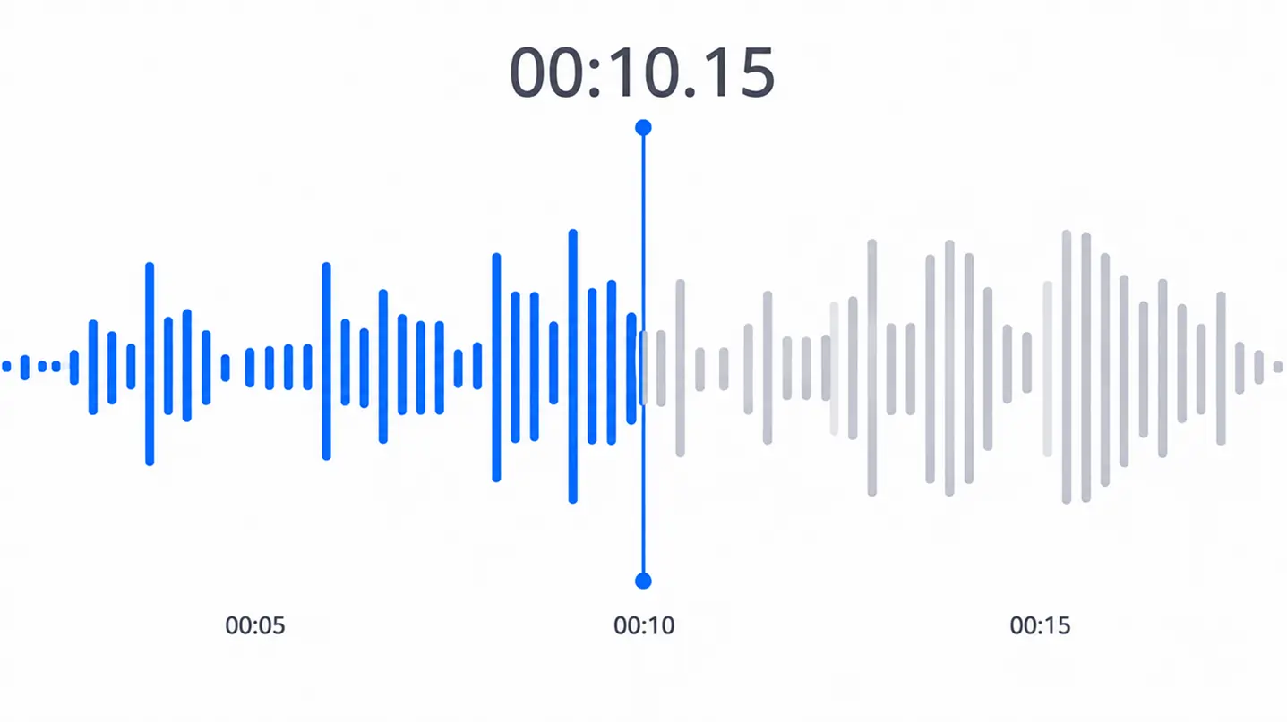 An audio waveform timeline with the playback position at 10.15 seconds